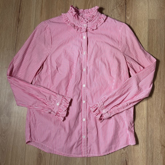 J. Crew Pink White Striped Button Down Shirt Ruffled Collar Cuffs Women's Small - Picture 1 of 8